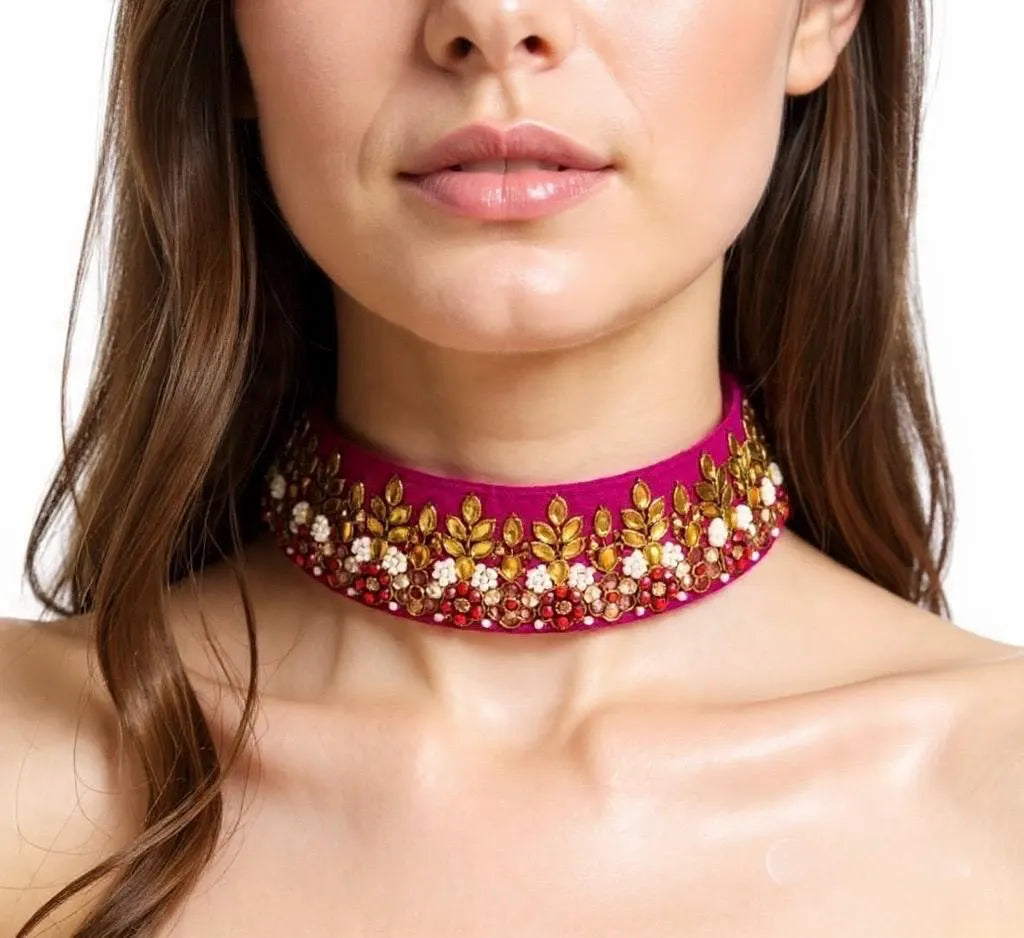 Modern Zardosi Kundan Choker Necklace | Magenta Statement Choker with Pearls | Fusion & Ethnic Jewelry