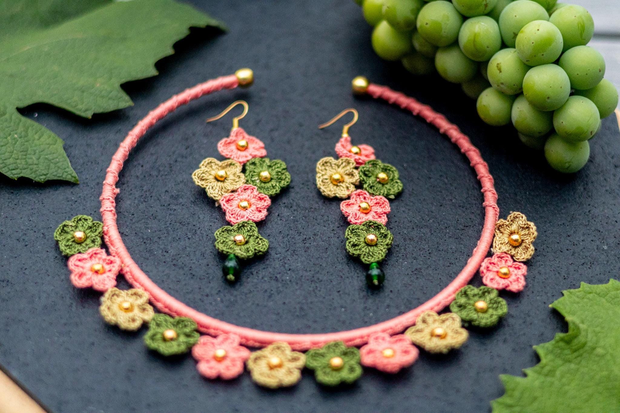Crochet Flower Bib Necklace and Earrings Set: Soft Pink Green Boho Jewelry