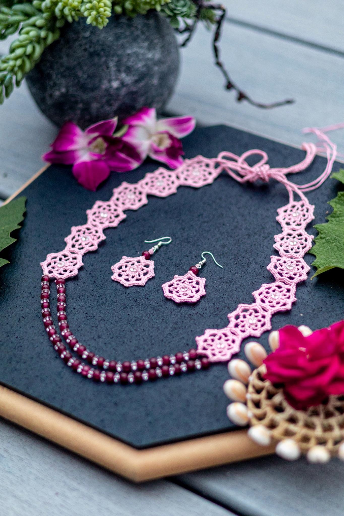 Trendy jewelry, light Crochet Jewelry, Pink Hexagon Floral Necklace & Earrings, Handmade Statement Jewelry