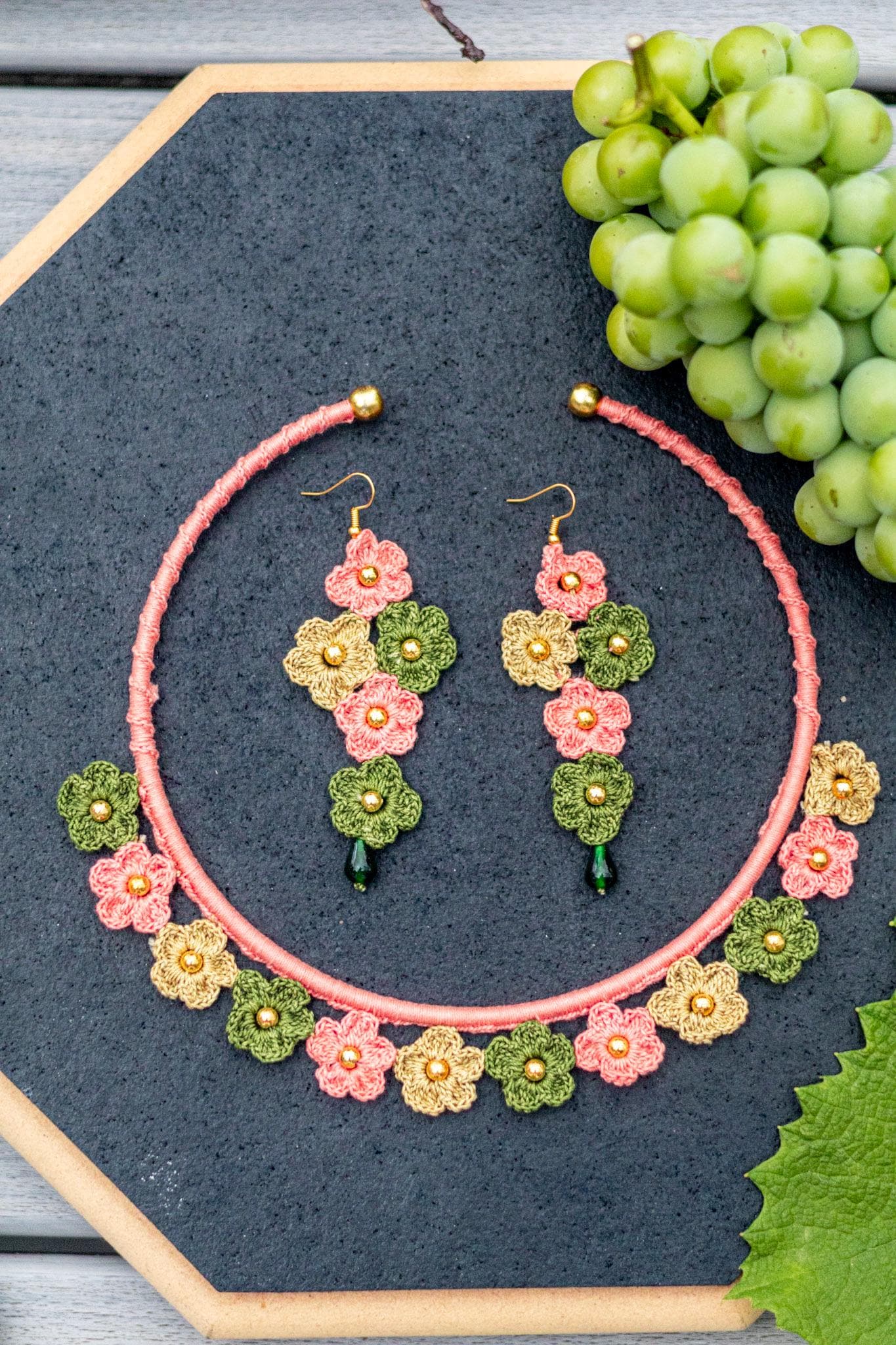 Crochet Flower Bib Necklace and Earrings Set: Soft Pink Green Boho Jewelry