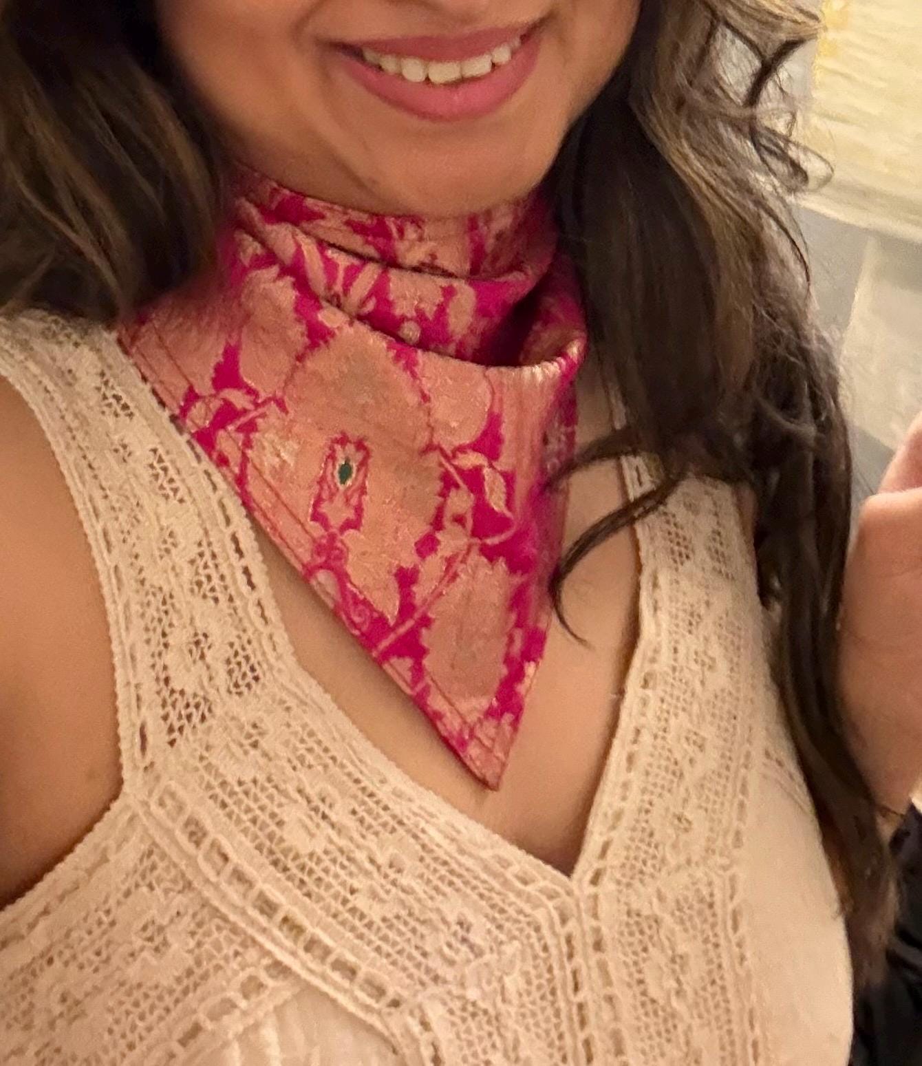 Pink Gold Brocade Silk Neckerchief, Triangular Indian Textile Scarf, Button Detail