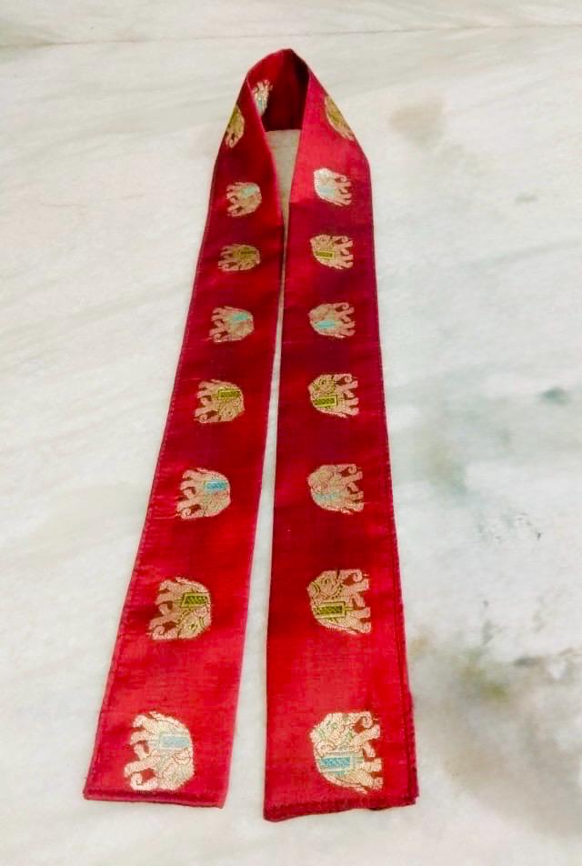 Red Brocade Silk Skinny Scarf – Gold Elephant Indian Style Handmade Neck Scarf