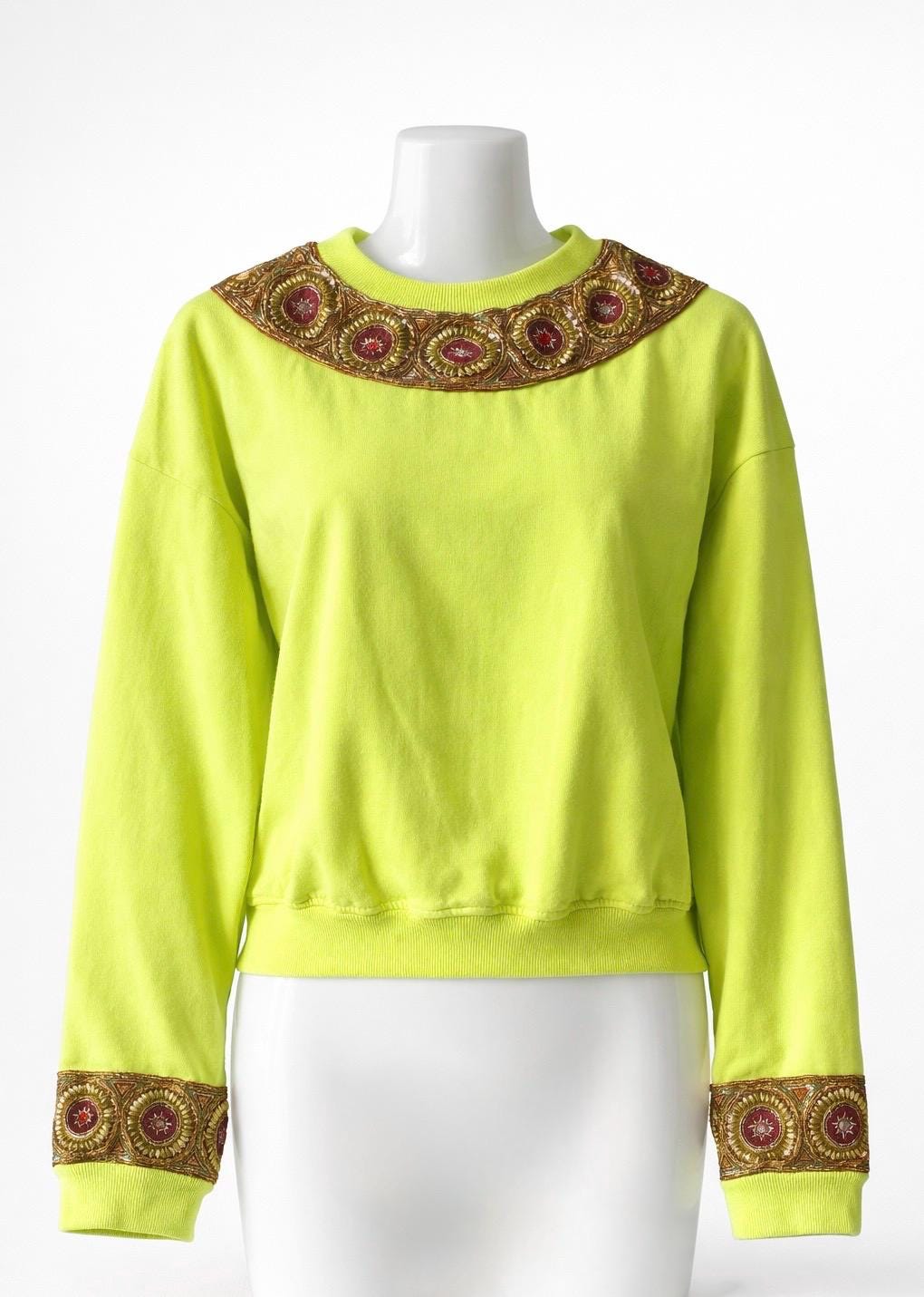 Hand-Embroidered Zardosi Neon Green Sweatshirt – Statement Ethnic Fusion Top