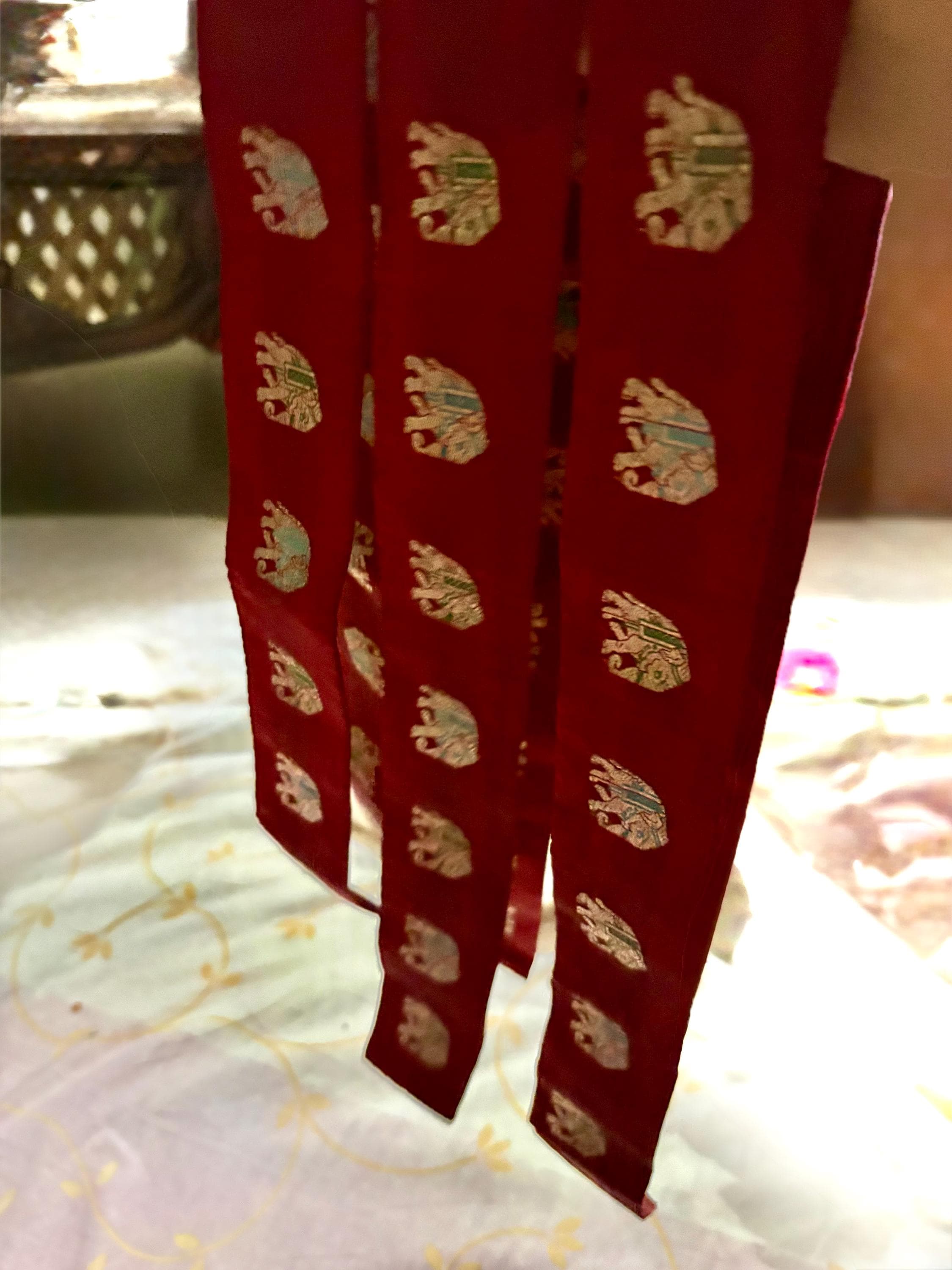 Red Brocade Silk Skinny Scarf – Gold Elephant Indian Style Handmade Neck Scarf