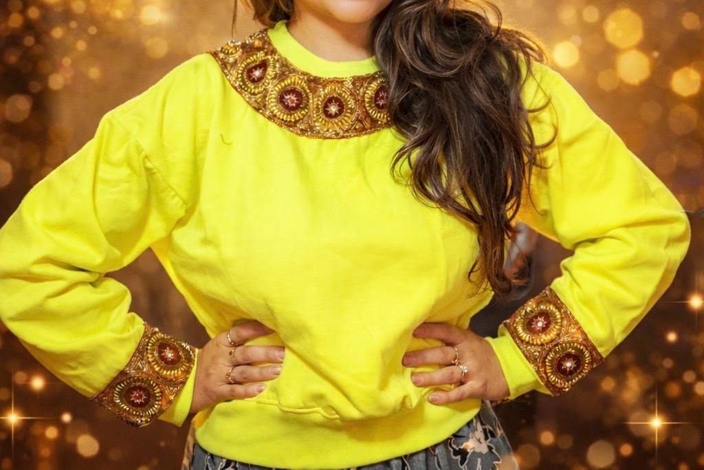 Hand-Embroidered Zardosi Neon Green Sweatshirt – Statement Ethnic Fusion Top