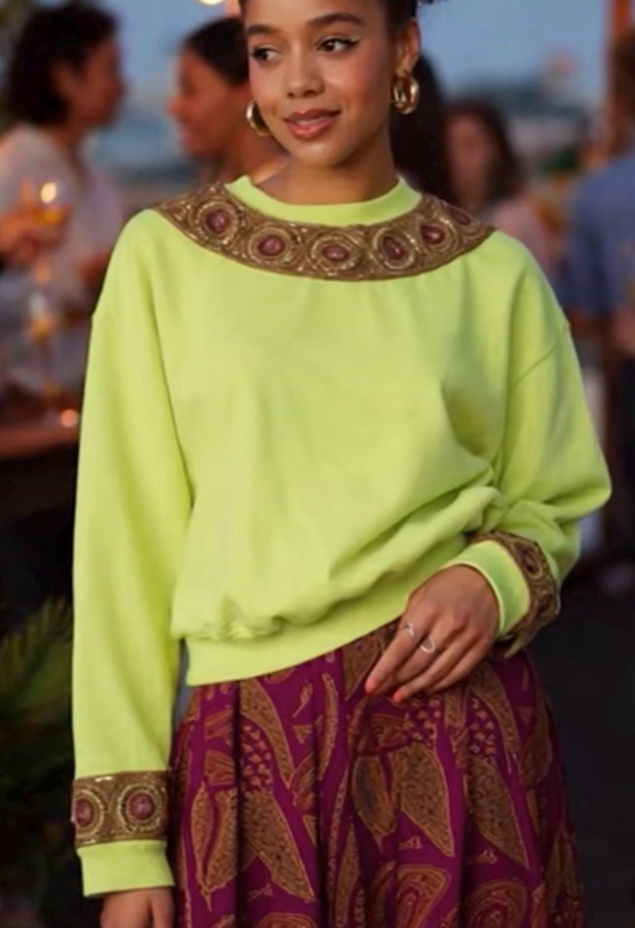 Hand-Embroidered Zardosi Neon Green Sweatshirt – Statement Ethnic Fusion Top