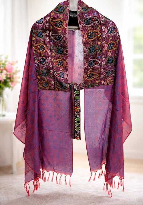 Banarasi Silk Wrap Shawl, Hand-Finished Artisan Paisley Embroidered Border, Lightweight Indian Shawl, Gift