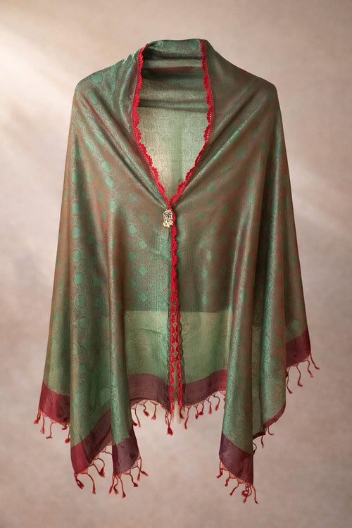 Banarasi Silk Scarf Wrap with Motifs and Button, Hand-Finished Lightweight Shawl, Gift for Her