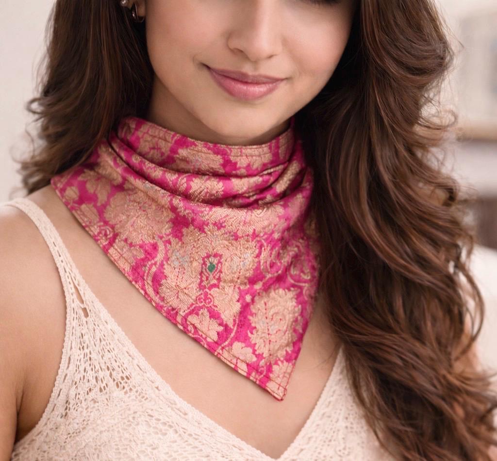 Pink Gold Brocade Silk Neckerchief, Triangular Indian Textile Scarf, Button Detail