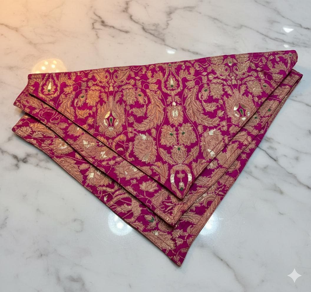 Pink Gold Brocade Silk Neckerchief, Triangular Indian Textile Scarf, Button Detail