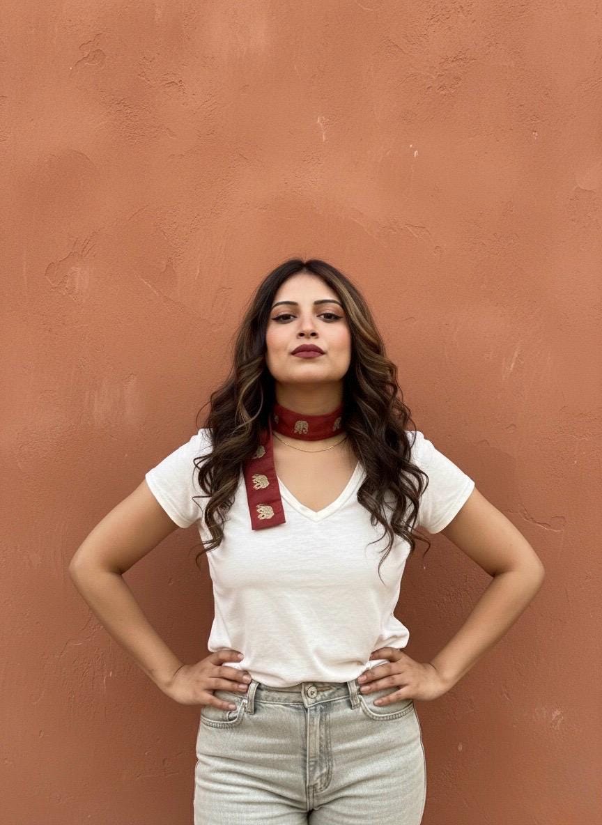 Red Brocade Silk Skinny Scarf – Gold Elephant Indian Style Handmade Neck Scarf