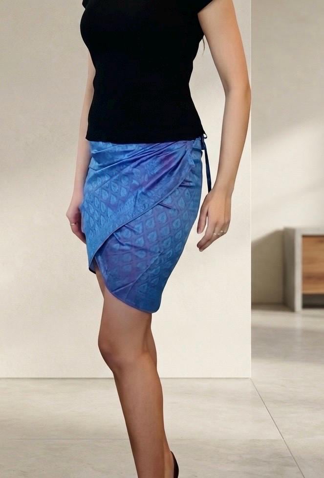 Asymmetrical Wrap Mini Skirt, Iridescent Heritage Jacquard, Tulip Hem Statement Skirt